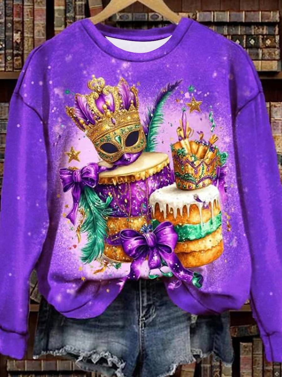 Felpa Pullover da Donna Carnival Maglietta Grafica Astratta Casual Maniche Lunghe Collo Giro Regular Tops Moda Quotidiana Giallo Viola Verde Primavera Inverno del 2026 a $28.99 –P2