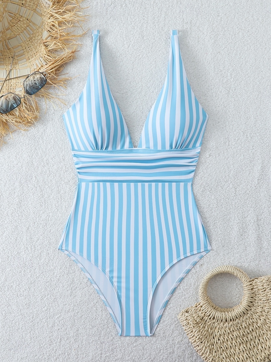 Women's One Piece Swimsuit Slimming Colorblock Monokini Tummy Control High Waist Slim Backless Vacation Beach Wear Striped V Neck Sleeveless Bathing Suits 2026 - $22.99 –P5
