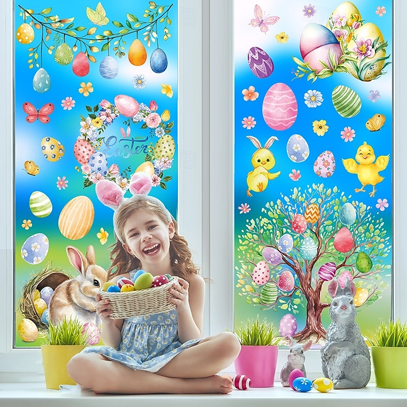 ملصقات جدارية ونوافذ عيد الفصح (٩ أوراق)، زينة ثابتة على شكل بيضة عيد الفصح وأرنب وطائر لواجهات المحلات، ملصقات زجاجية لإضفاء جو احتفالي 2026 - $9.99 –P4