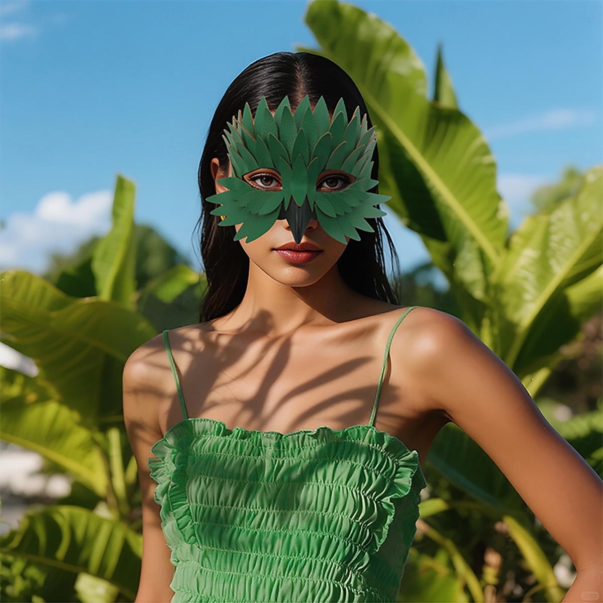Naisten Mardi Gras vihreä höyheninen nahkanaamio - lintuinspiroitu puvustuslisävaruste 3D-kerroksilla venetsialaiseen karnevaaliin ja naamiaisjuhliin 2026 - $14.99 –P1