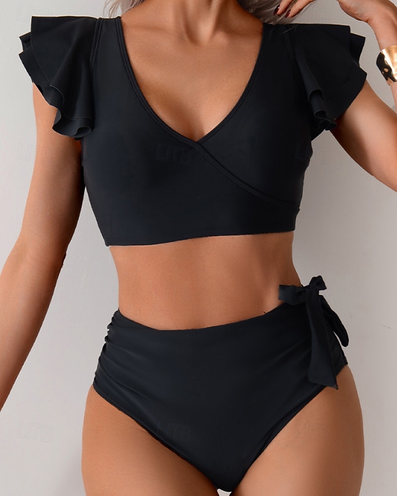 Γυναικεία Μαγιό 2 κομμάτι Προκλητικό Μαγιό Σουρωτά Κουρελού Εξώπλατο Διακοπές Ρούχα παραλίας Συνδυασμός Χρωμάτων Λαιμόκοψη V Αμάνικο Μαγιό 2026 - $25.99 –P1