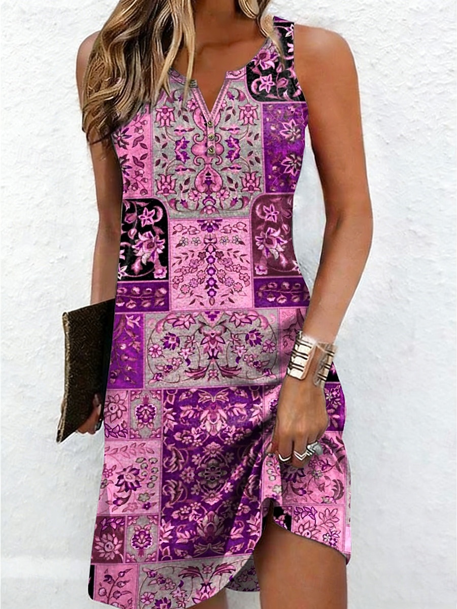 Women's Mini Dress Shift Dress Sundress Summer Dress Off The Shoulder Dress Vacation Casual Daily Holiday Going out Regular Fit Floral Graphic Tribal Sleeveless V Neck Blue Yellow Purple Summer Spring 2026 - $24.99 –P3