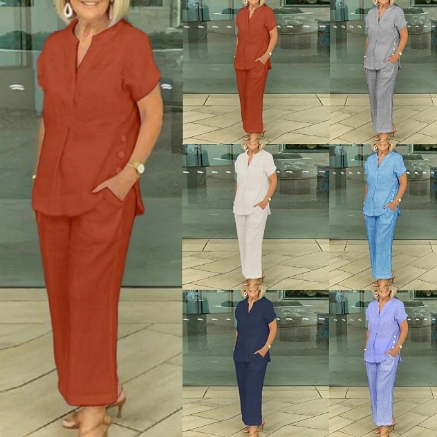 Damen Kunstbaumwollleinen Kurzarm V Ausschnitt Einfach Mode Streetwear Täglich Lässig Täglich Blau Marineblau Purpur Sommer Normale Passform 2026 - $41.99 –P2