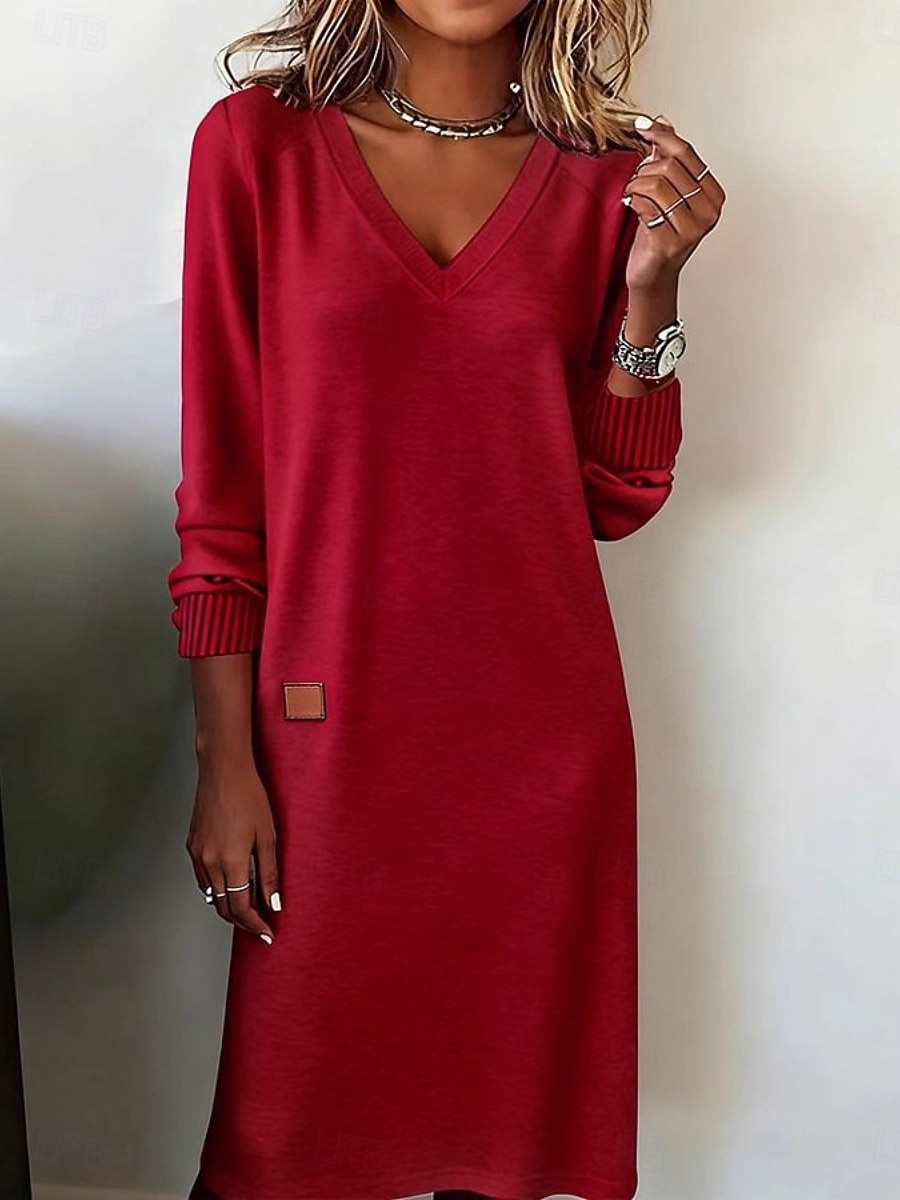 casual red winter dress Casual Red Winter Dress Ribbed Knit Long Sleeve A-Line Dress Red L