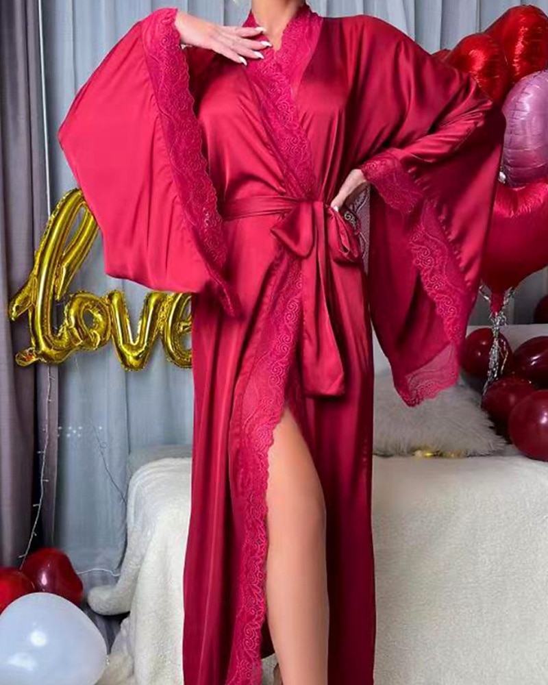 Γυναικεία Ρόμπα Καθημερινό Μαλακή Σατέν Μονόχρωμες Δαντέλα Παντελόνι Καθημερινά Σπίτι Κρεβάτι Μακρυμάνικο Λαιμόκοψη V Μαύρο Λευκό Κρασί Ρουμπίνι Καφέ Καλοκαίρι Άνοιξη Κανονικό 2026 - $39.99 –P6