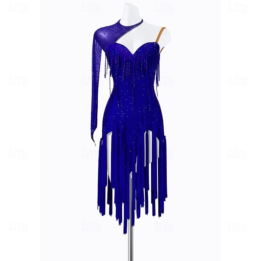 Women's Royal Blue Rhinestone Fringe Latin Dance Dress - One Long Sleeve Asymmetrical Ballroom Performance Costume 2026 - $273.39 –P1