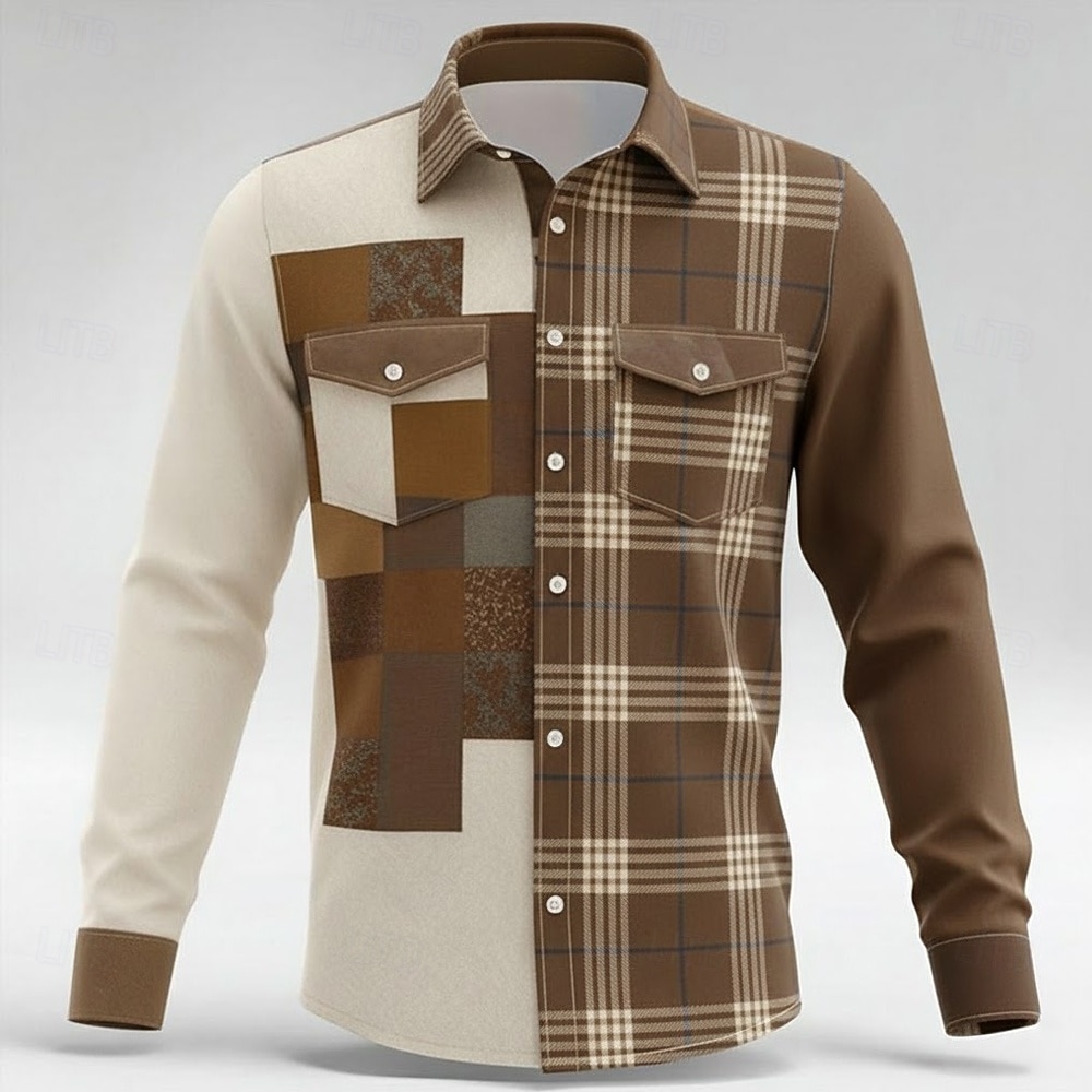 Men's Geometric Color Block Patchwork Shirt Button Up Shirt Long Sleeve Fashion Casual Outdoor Dailywear Spring Fall Turndown Front Two Pockets Linen Like Shirt Blue Brown Gray 2026 - $27.99 –P1