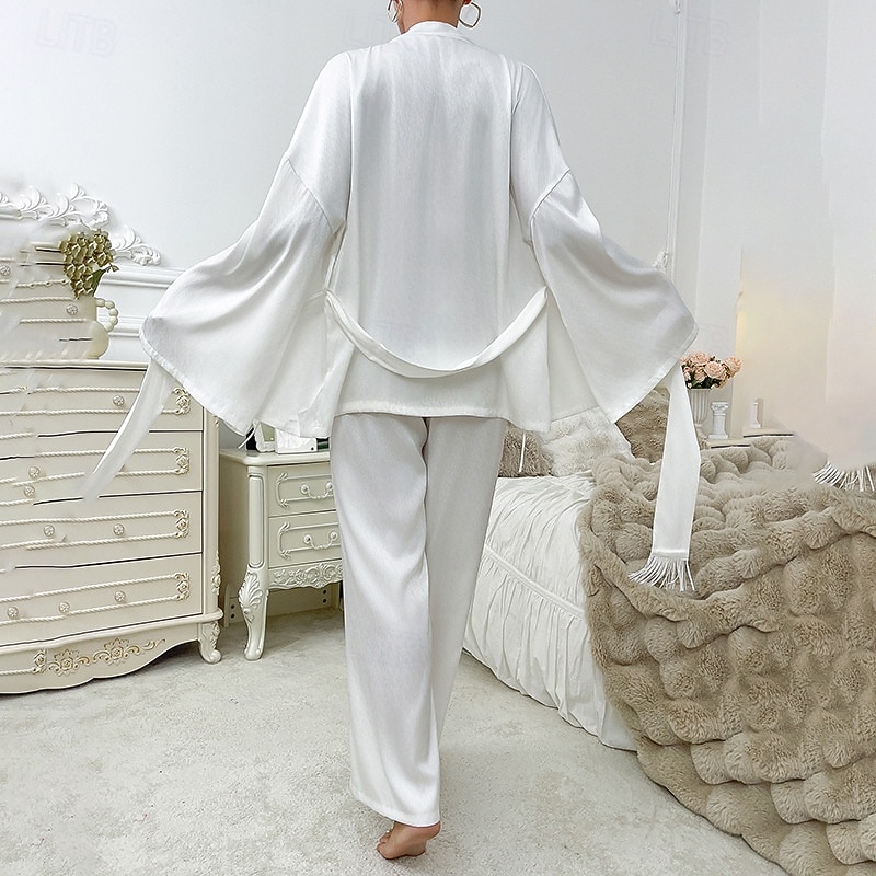 Naisten Yöpuvut loungewear Muoti Romanttinen Vapaa-aika Puhdas väri Satiini Silky Pyjama Pyjama Rypytetty Solmittava Housut Koti Loma Sänky Pitkähihainen V kaula-aukko Valkoinen Kesä Kevät Loose Fit 2026 - $41.99 –P2