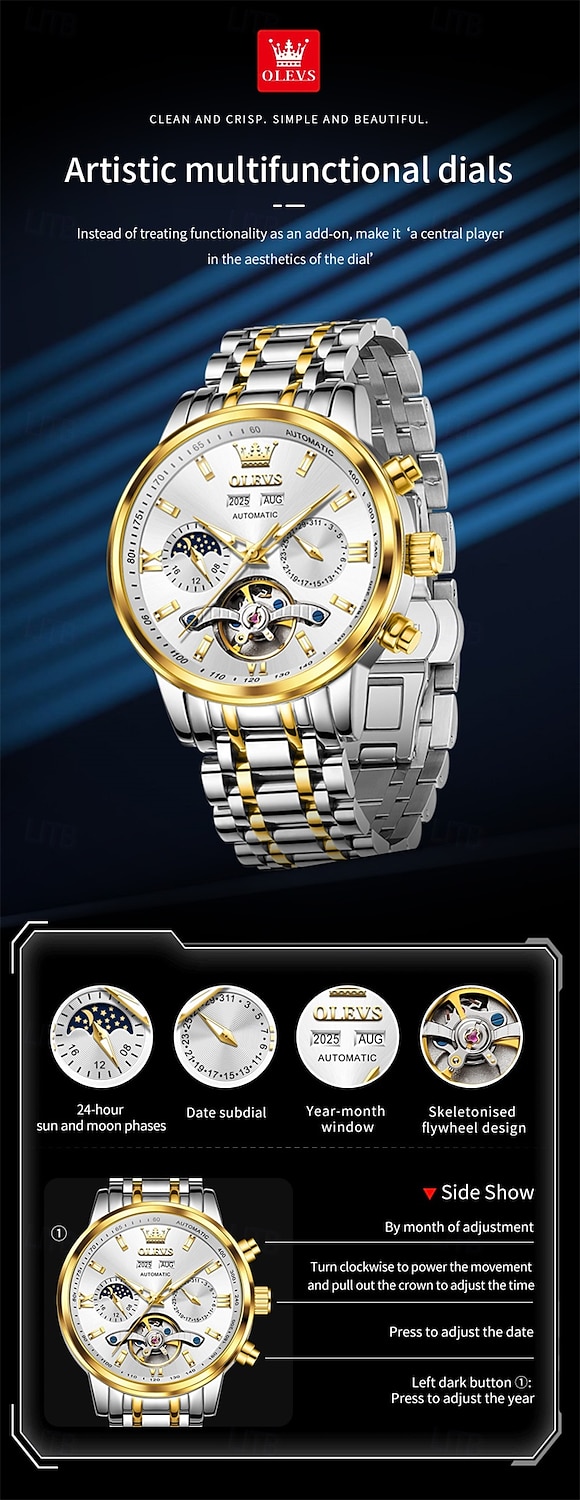 The New Olevs Men'S Business Watch With Luminous Perpetual Calendar Date And Day Display Multi-Functional Mechanical Watch Skeletonized Casual And Fashionable Waterproof Sports Men'S Wristwatch 2026 - $116.99 –P2