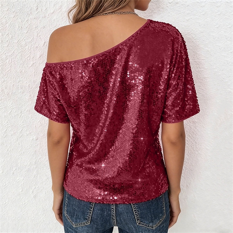 Damen Sommeroberteile Bluse Elegante Oberteile Pailletten-Oberteile Gerafft Pailletten Patchwork Einfarbig Einfach Elegant Vintage Damen Kurzarm Schulterfrei Normale Oberteile Täglich Arbeit Ausgehen 2026 - $11.49 –P10