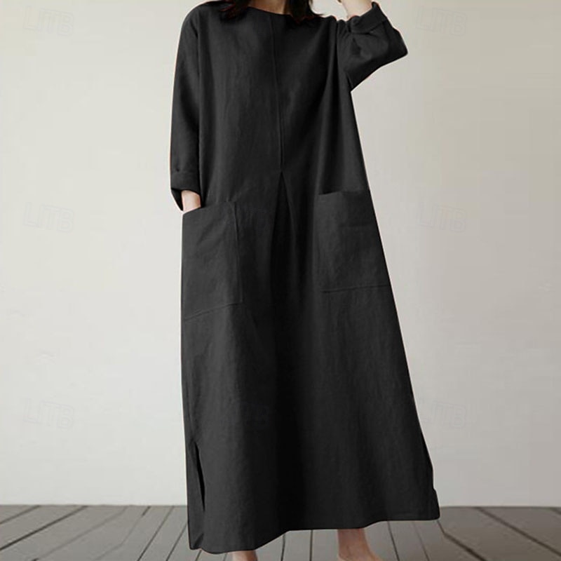 Mujer Vestido Midi Lino de algodón sintético Vestido de cambio Vestido informal Elegante Moda Moderno Diario Vacaciones Noche Ajuste regular Plano Manga Larga Cuello Barco Negro Verde Ejército 2026 - $28.99 –P4