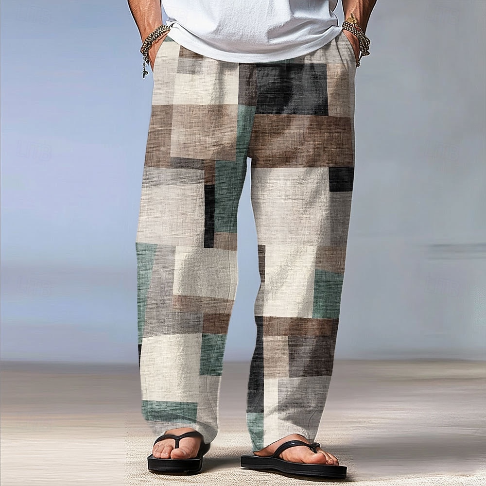 Hombre Geométrico Plaid Bloque de color Pantalones Pantalones casuales Pantalones anchos Media cintura Moda Hogar Exterior Vacaciones Cintura elástica con cordón Pantalones tipo lino con bolsillos 2026 - $27.99 –P1