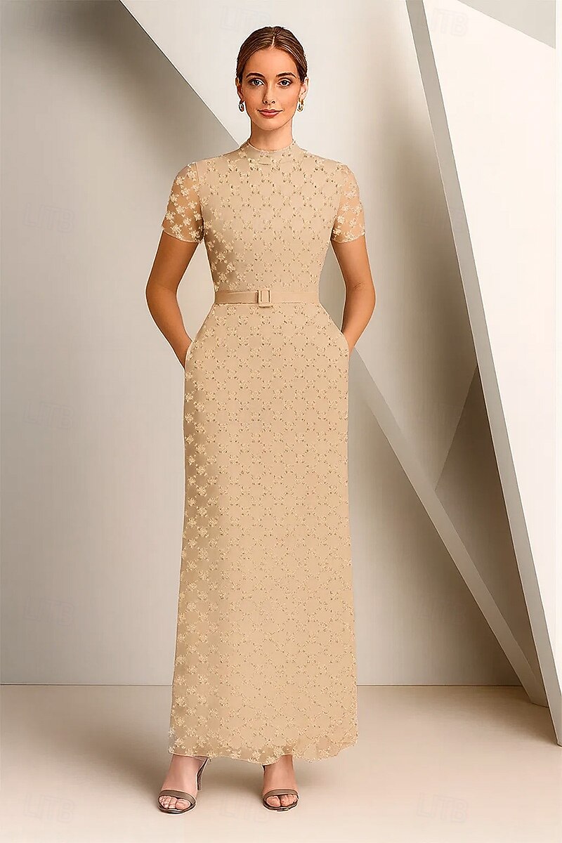 Sheath Column Floor Length Beaded Eembroidered Formal Dresses Mother of the Bride Dress Evening Gown Elegant Short Sleeve Mock Neck Wedding Formal Lace with Beaded 2026