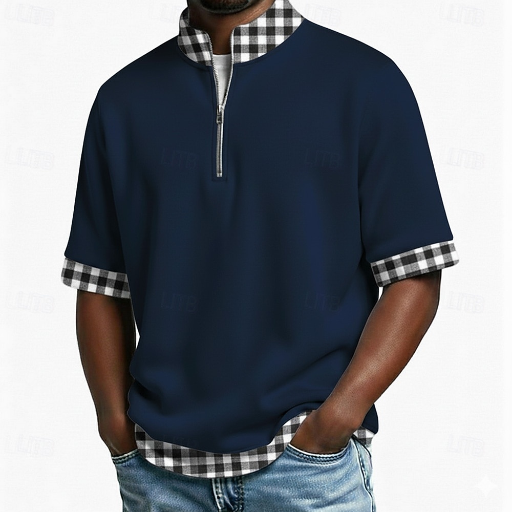 Per uomo Polo Casuale Ferie Colletto Mao Manica Corta Essenziale Moderno Plaid Blocco di colori Bottoni Estate Primavera Blu Blu marino Viola Marrone Verde Polo del 2026 a $24.99 –P5