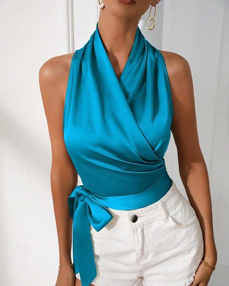 Жен. Блуза Открытая спина Полотняное плетение Стиль Секси Без рукавов НАЙКА НЕКО Обычные топы Праздники На выход Синий Черный Цвет шампанского Светло-зеленый Лиловый Лето Весна 2026 - BHD 10.12 –P9