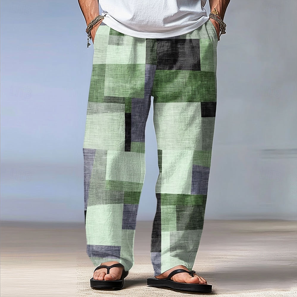 Hombre Geométrico Plaid Bloque de color Pantalones Pantalones casuales Pantalones anchos Media cintura Moda Hogar Exterior Vacaciones Cintura elástica con cordón Pantalones tipo lino con bolsillos 2026 - $27.99 –P4