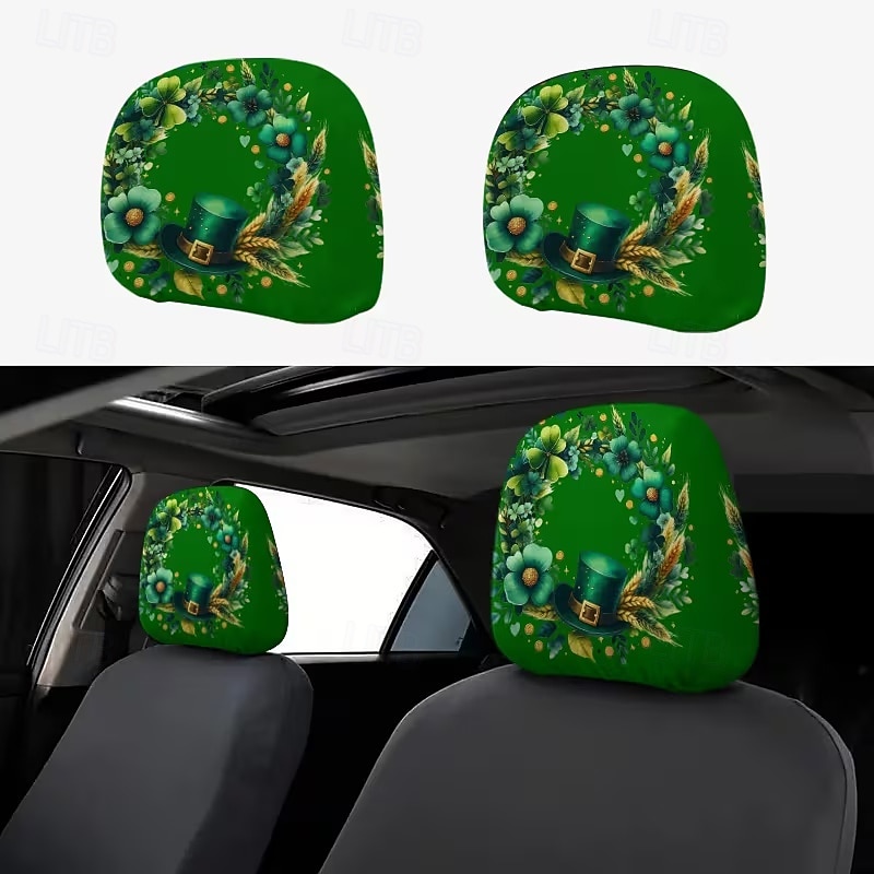 2 capas de encosto de cabeça para carro com trevo verde | compatíveis com todos os veículos, pretas &Adesivo para carro com estampa de trevo verde, design plano 2D, poliéster, fácil instalação - de 2026 por $7.99 –P3