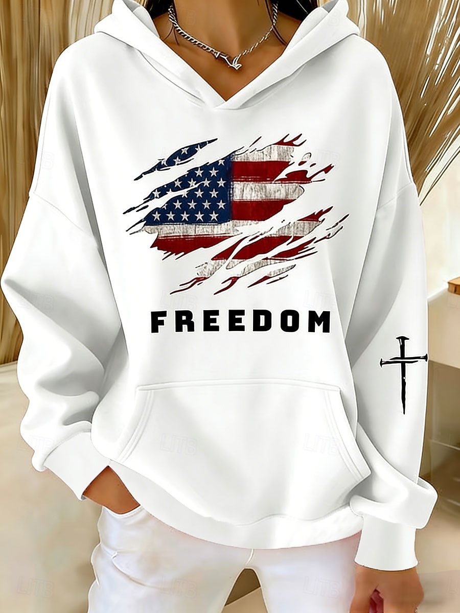 Onafhankelijkheidsdag Patriottische Dames Pullover Hoodie Sweatshirt Grafische Letter Vintage Casual Lange Mouwen Capuchon Reguliere Tops Casual Blauw Zwart Wit Rood Lente Herfst 2026 - $32.99 –P1