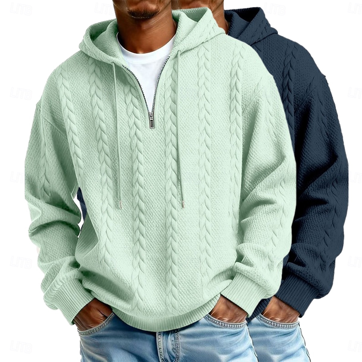 Herre Jacquard Hattetrøje Hettegenser med glidelås Lyseblå + svart Hvit+lys grå Med hette عادي Med Tekstur Avslappet Daglig Sport & Utendørs Polyester Gatemote Kul Sportsklær Høst vinter Vår & Vinter 2026 - $47.99 –P3