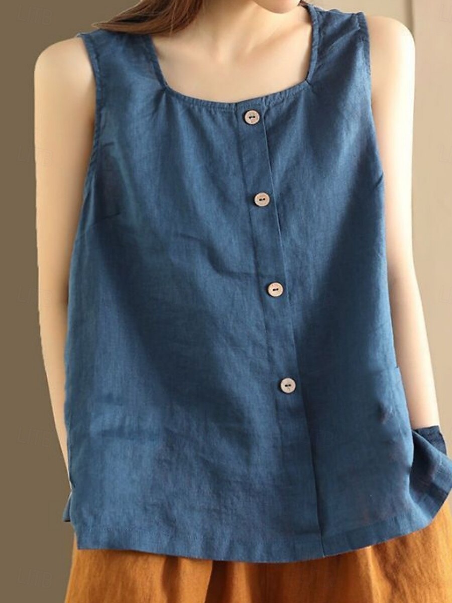 Női Pamut vászon mellény Fodrozott Gombok Tömör szín Stílusos Alap Alkalmi Ujjatlan Szögletes Normál felsők Napi Medence Sárga Barna Nyár Tavasz 2026 - $21.99 –P6