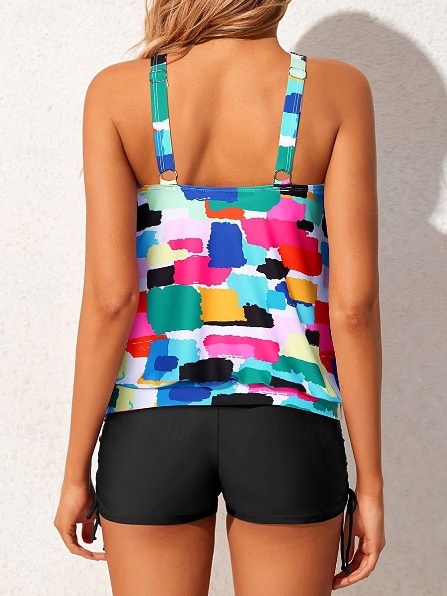 Kvinnors Tankini 3-delad baddräkt Shorts Magekontroll Hög midja Slim Backless Semester Strandkläder Grafik Geometrisk U-hals Ärmlös Badkläder 2026 - $33.99 –P5