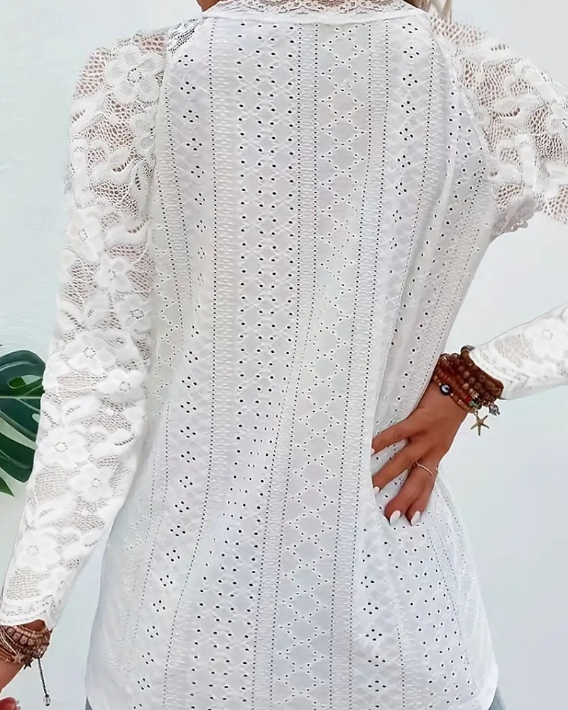 Mulheres Blusa Tops de renda Renda Patchwork Tecido Ativo à moda Manga Longa Decote V Tops regulares Diário Feriado Para Noite Branco Rosa Vinho Azul Claro Verão Primavera de 2026 por $21.99 –P3