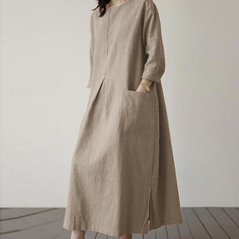 Mujer Vestido Midi Lino de algodón sintético Vestido de cambio Vestido informal Elegante Moda Moderno Diario Vacaciones Noche Ajuste regular Plano Manga Larga Cuello Barco Negro Verde Ejército 2026 - $28.99 –P7