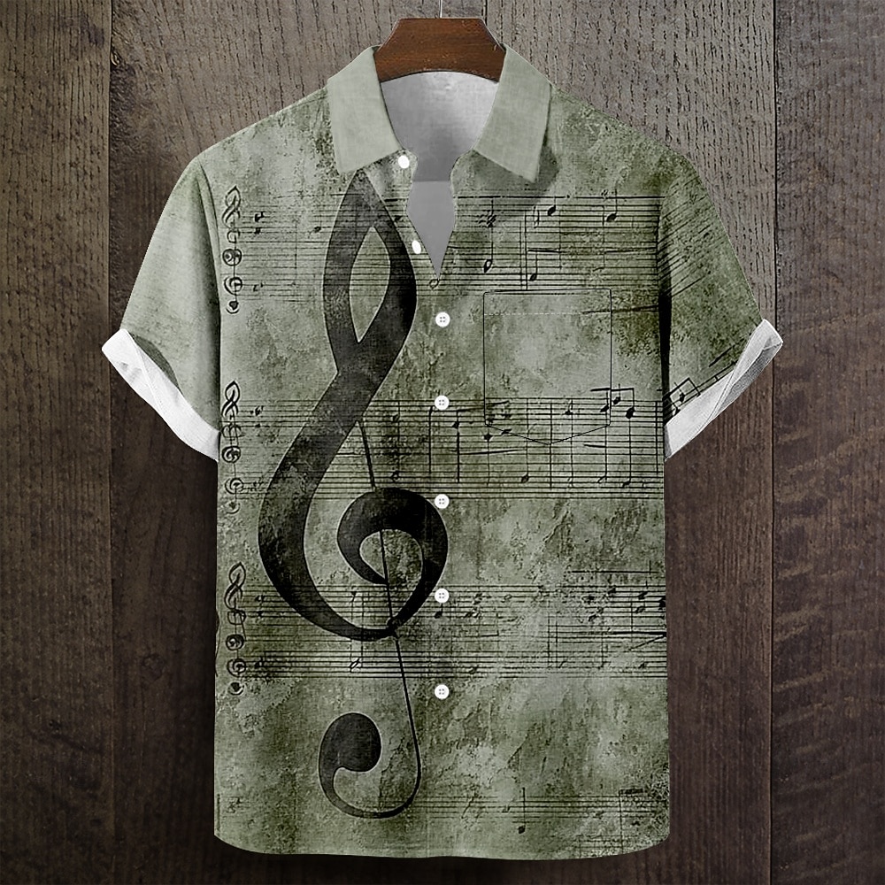 Men's Musical Notes Distressed Print Shirt Summer Shirt Button Up Shirt Short Sleeve Vintage Retro Music Festival Holiday Summer Turndown 3D Print Front One Pocket Linen Like Shirt Blue Green Khaki 2026 - $25.99 –P3