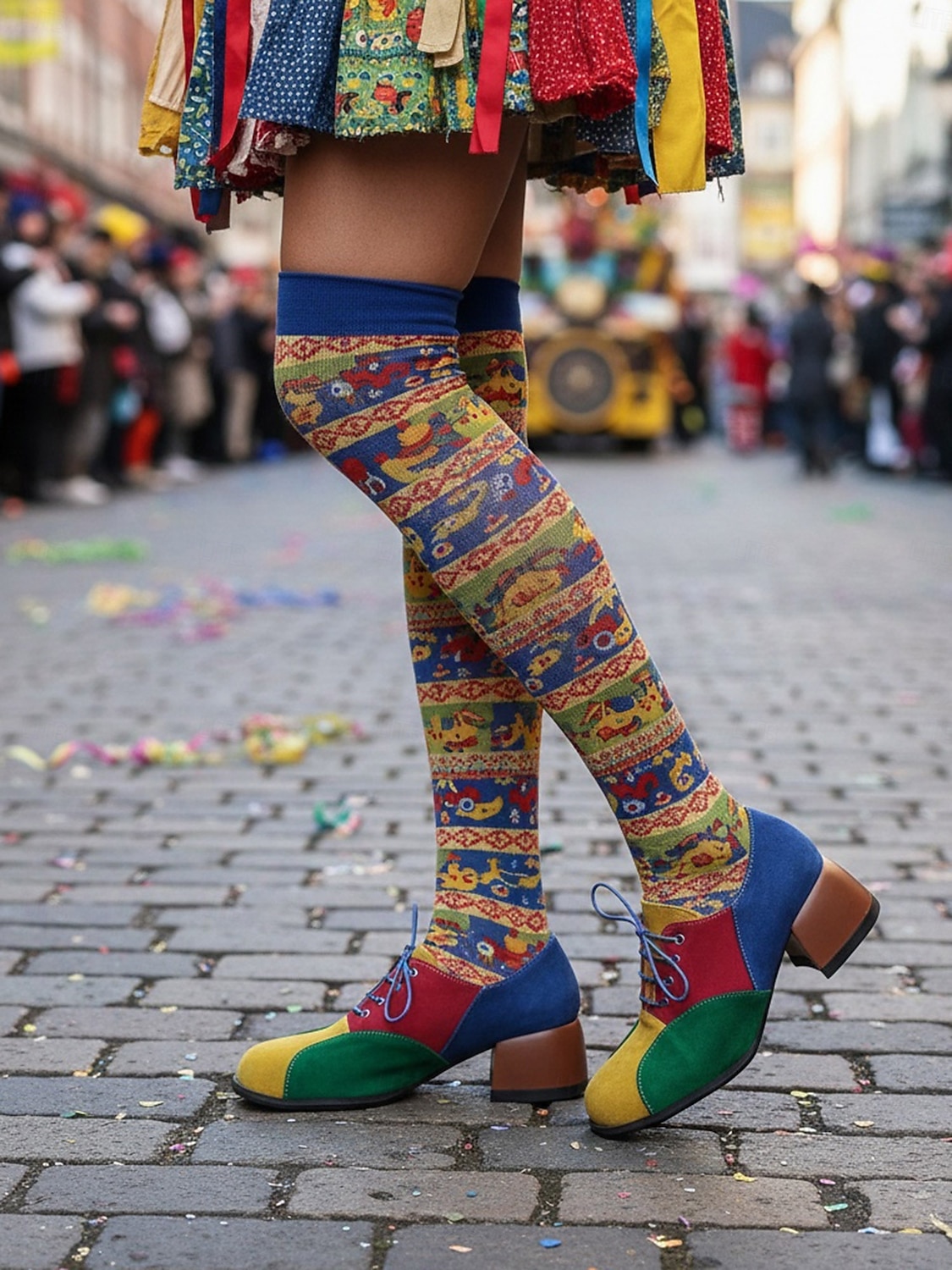 Flerfargede oxfordsko med blokkhæl til dame – retro pumps med snøring i fargeblokker for karnevalskostymer, klovner og funky hverdagsklær 2026 - $34.99 –P3