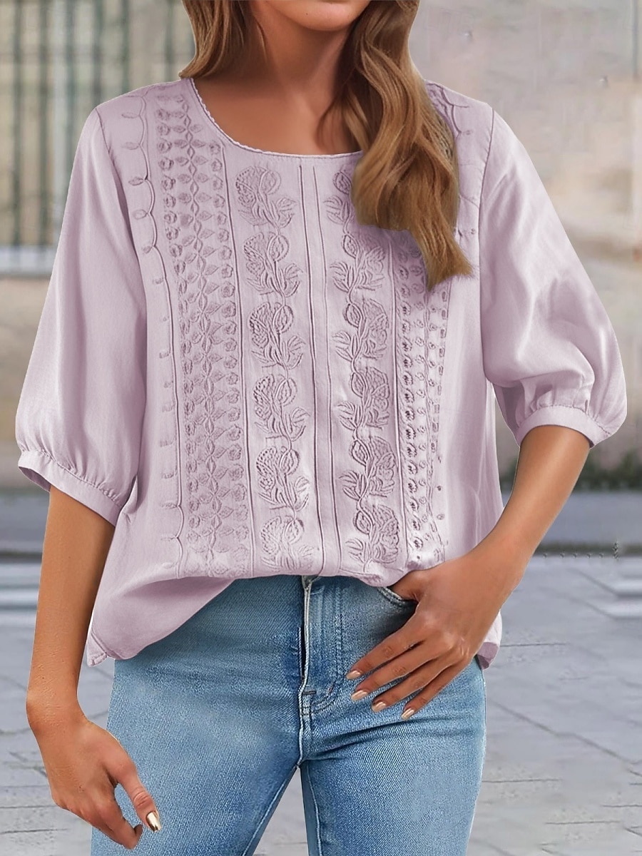 Mulheres Blusa Linho de algodão sintético Bordado Floral à moda Casual Manga 3/4 Gola Redonda Tops regulares Diário Azul Preto Rosa Verde Verão Primavera de 2026 por $21.99 –P3