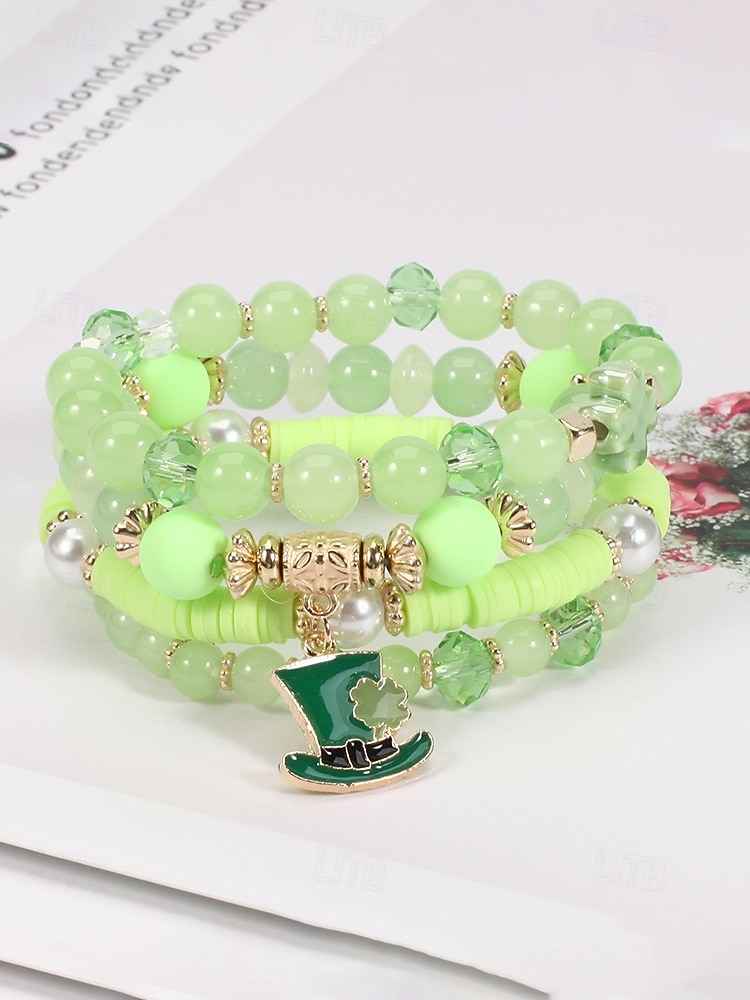 Conjunto de pulseiras femininas para o Dia de São Patrício, pulseiras empilháveis de várias voltas com contas verdes, estilo trevo da sorte, materiais de liga metálica e cristais sintéticos, joias festivas irlandesas para mulheres. de 2026 por $9.99 –P14