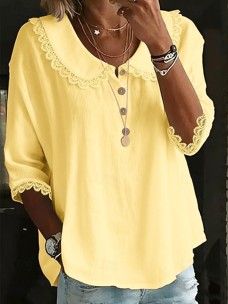 Per donna Camicia popover Camicia Estiva Camicia casual Blusa Bordo in pizzo Tinta unica Vacanza Elegante Casual Manica 3/4 Collo ripiegato Top Regolari Quotidiano All'aperto Ferie Blu Bianco Giallo del 2026 a $25.99 –P2