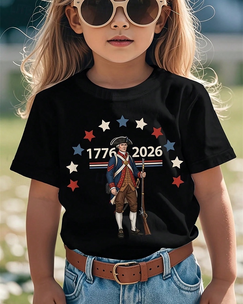 100% Cotone Bambini Ragazze Nero Bianco Grafico 250° anniversario Bandiera americana per bambini Maglietta Girocollo Manica Corta Vacanza Sport & Outdoor Abbigliamento Quotidiano Attivo Vacanza Casual del 2026 a $19.99 –P2