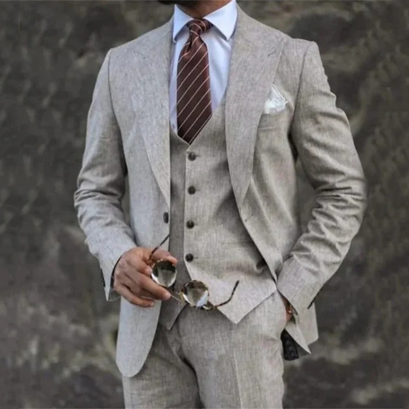 Men's Blazer+Vest+Dress Pants Blazer Jacket Suits Business Work Party Elegant Fashion Spring Fall Linen Solid Color 3-Piece Single Breasted Blazer Blue Dark Gray Light Green Pink 2026 - $119.99 –P4
