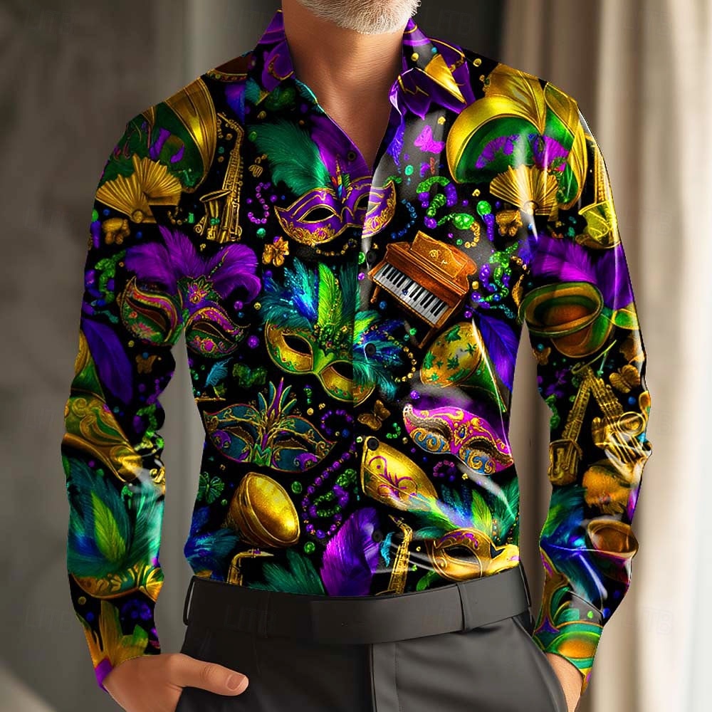 Martedì grasso Per uomo Colorato Carnevale Maschera con piume Camicia Camicia in raso Camicia elegante Manica Lunga Moda Casual Feste Ferie Estate Primavera Autunno Collo ripiegato Stampa 3D Camicie del 2026 a $29.99 –P2