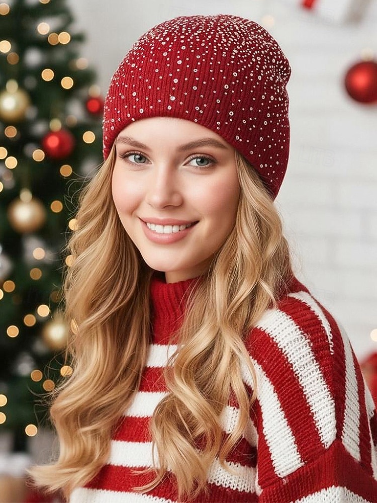 Naisten neulottu polyesteripipo, strassikoriste, saatavilla useissa väreissä, täydellinen talvimuotiin 2026 - $11.99 –P1