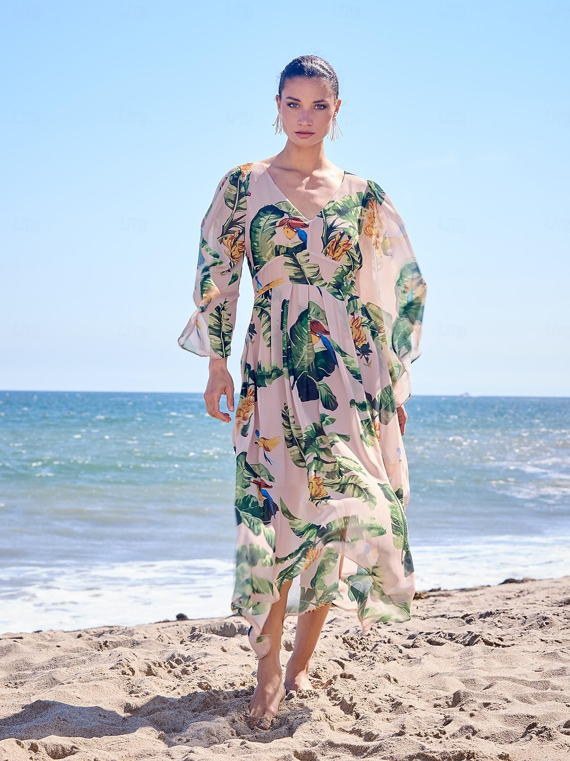 2026年 シフォンボタニカルプリントのゆったりとしたマキシドレス、バケーション  コレクション – $22.49 –P1