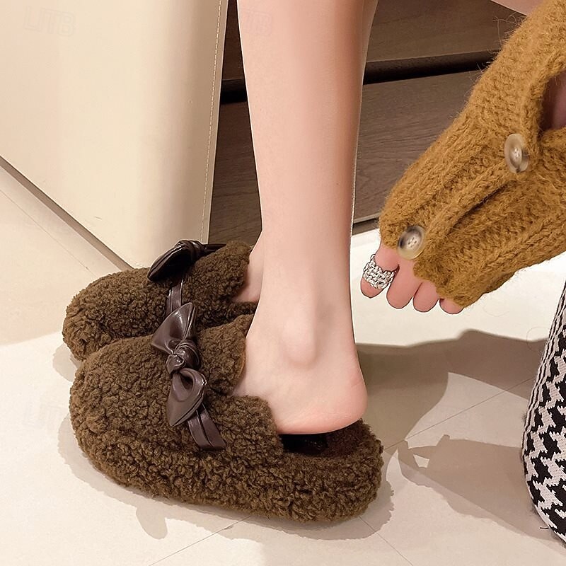Varme bomullstøfler med tykk såle og sløyfe, plysjtøfler med lukket tå for kvinner, innendørs og utendørs, pelskledde slip-on-sko med ekstra fleece 2026 - $18.99 –P6