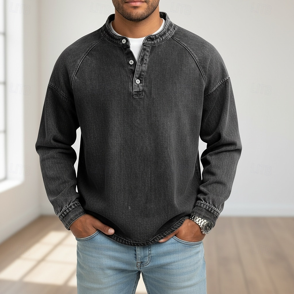 SoftFade™ Herrs T Skjorta Henley Skjorta Denim Skjorta 100% Bomull Syra Tvättad Skjorta Tee Topp Lång Ärmd Enkel Vintage Streetwear Avslappnad Färgad Tvättad Raglanärmar Stående Krage Henley Sport 2026 - $31.99 –P4