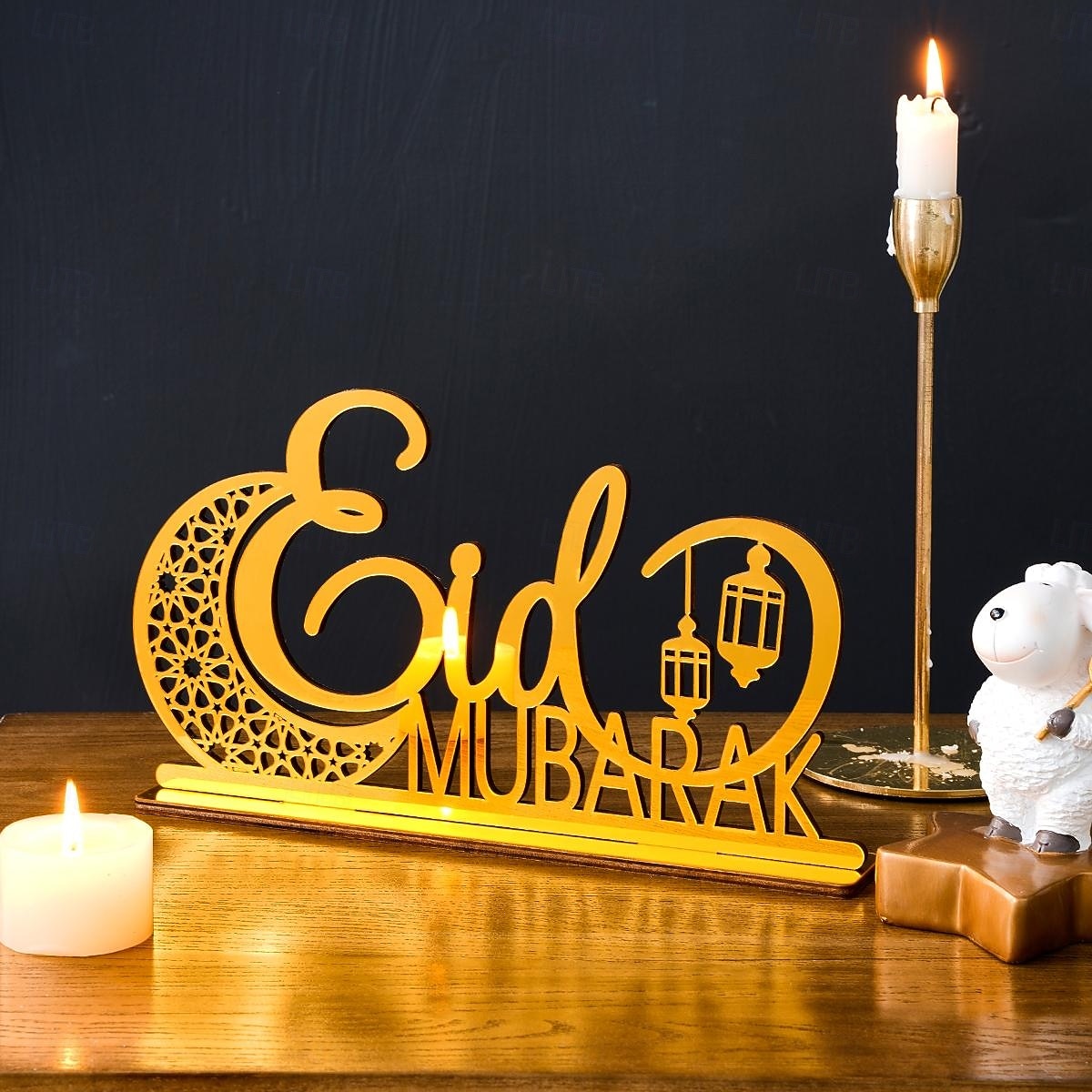 drewniana, pusta dekoracja z motywem księżyca i literą „mubarak” na ramadan i eid – złoty lustrzany akcent, idealna na ramadan, islamskie dekoracje świąteczne i domowe przyjęcia 2026 - $15.99 –P6