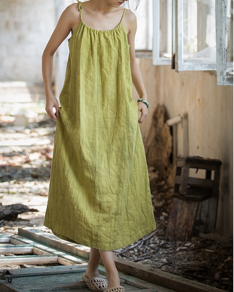 Women's Midi Dress Cotton Linen Dresses Shift Dress Sundress Slip Dress Vintage Fashion Daily Outdoor Vacation Loose Fit Plain Sleeveless Straps Blue Teal White Yellow Summer Spring 2026 - $49.99 –P14