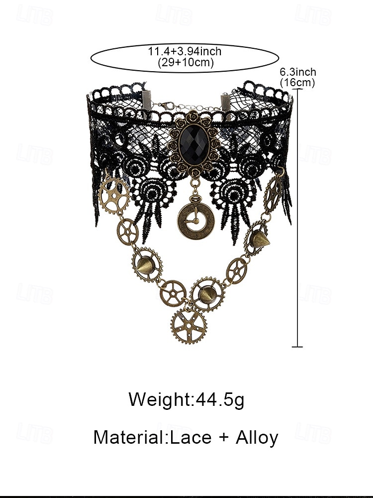 2026年 ウィメンズ マルディグラ ブラック レース スチームパンク チョーカーネックレスとブレスレットセット - ゴシックコスプレ、カーニバル、ハロウィンコスチューム用の合金ギアと時計ペンダント  コレクション – $18.99 –P10