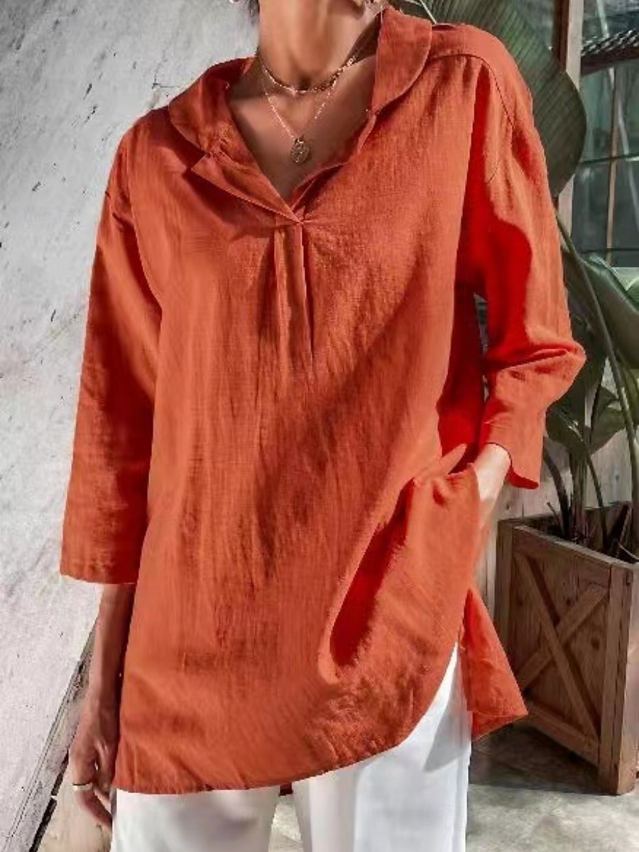 Women's Blouse Faux Cotton Linen Ruched Solid Color Stylish Casual 3/4 Length Sleeve V Neck Regular Tops Daily Black White Orange Summer Spring 2026 - $22.99 –P5