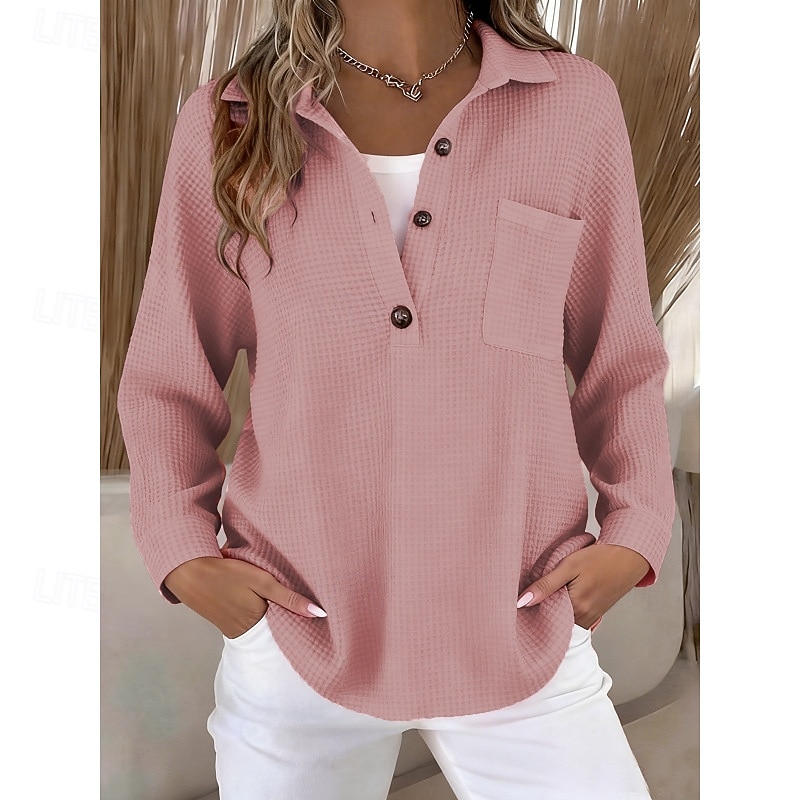 Damen Pullover Sweatshirt Knöpfe Einfach Lässig Langarm Revers Normale Oberteile Straße Alltagskleidung Blau Weiß Rosa Dunkelpink Purpur Frühling Herbst Winter 2026 - $27.99 –P3