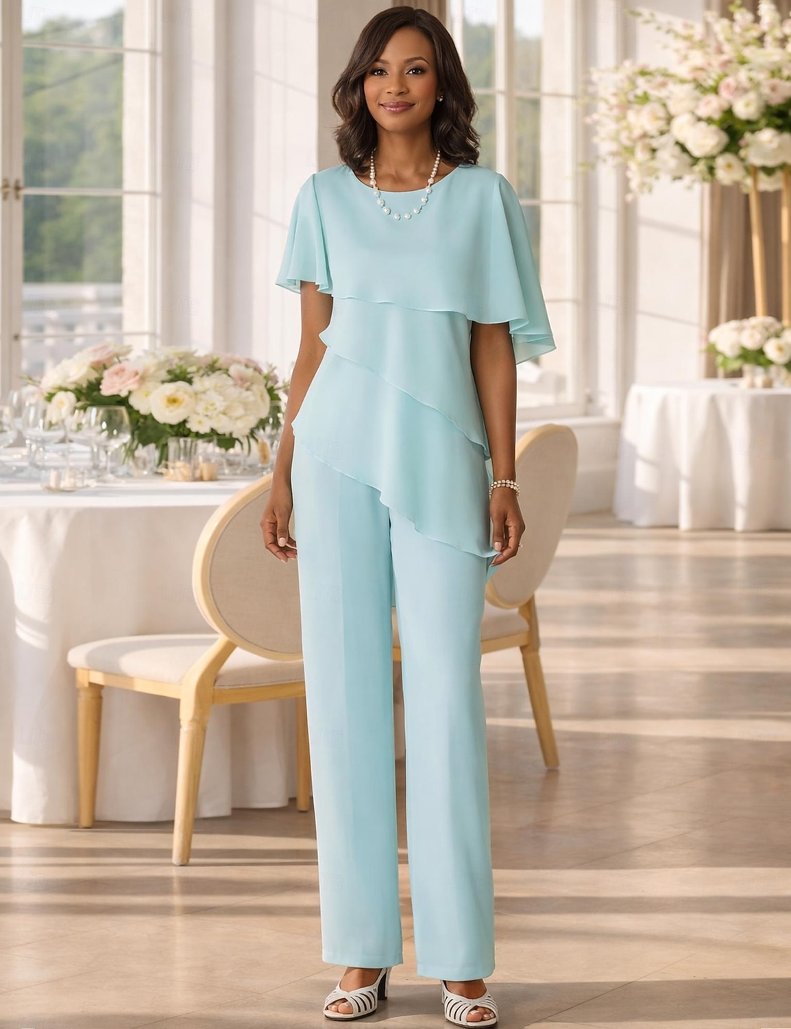 Duas Peças Terninho Longo Vestido Para Mãe dos Noivos Manga Curta Decorado com Bijuteria Elegante Tamanhos Grandes Convidado do casamento Chiffon com Babados em Cascata de 2026 por $153.99 –P1