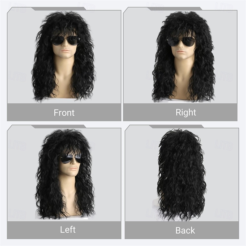 Herenpruik uit de jaren 80, lange zwarte krullende mulletpruik, herenkostuum, heavy metal rocker voor verkleedfeestjes en cosplay. 2026 - $32.99 –P6