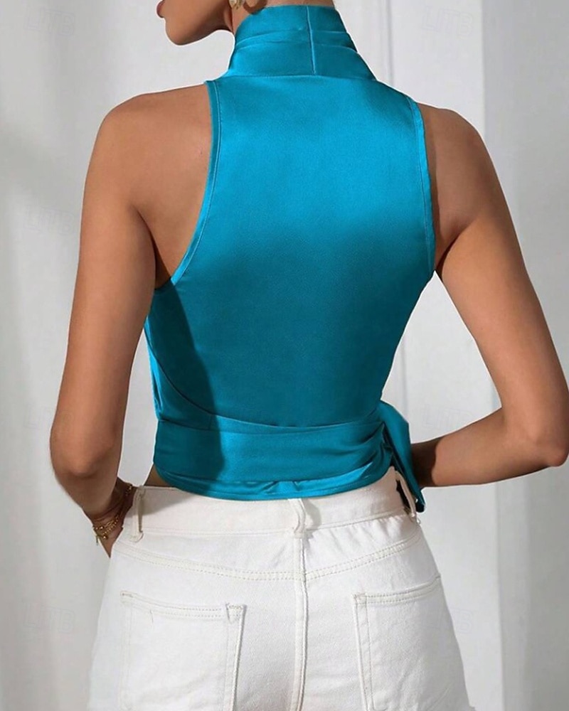 Жен. Блуза Открытая спина Полотняное плетение Стиль Секси Без рукавов НАЙКА НЕКО Обычные топы Праздники На выход Синий Черный Цвет шампанского Светло-зеленый Лиловый Лето Весна 2026 - BHD 10.12 –P12