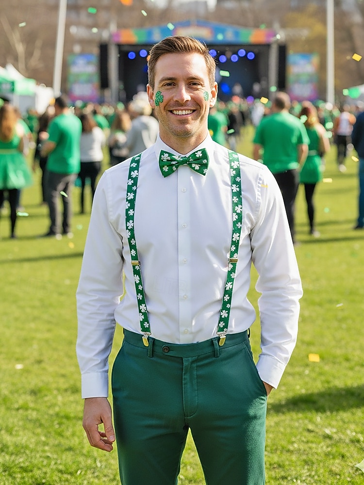 Miesten vihreät apilankuvioiset henkselit ja rusetti, polyesteriä, täydellinen Pyhän Patrickin päivään, karnevaaleille ja arkikäyttöön. 2026 - $11.99 –P2