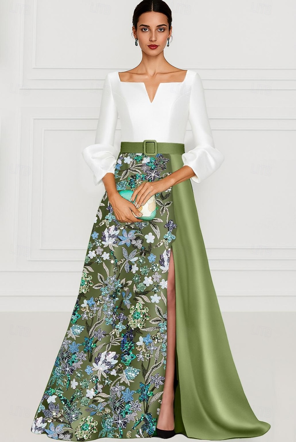 A-Linie Na zem Korálkový výšivkový Formální šaty Šaty pro matku nevěsty Večerní šaty Formální šaty Elegantní Třpyt Hedvábný povrch Dlouhý rukáv Do V Svatební Formální Peleríny Satén Flitry s Třpytky 2026 - $208.99 –P1