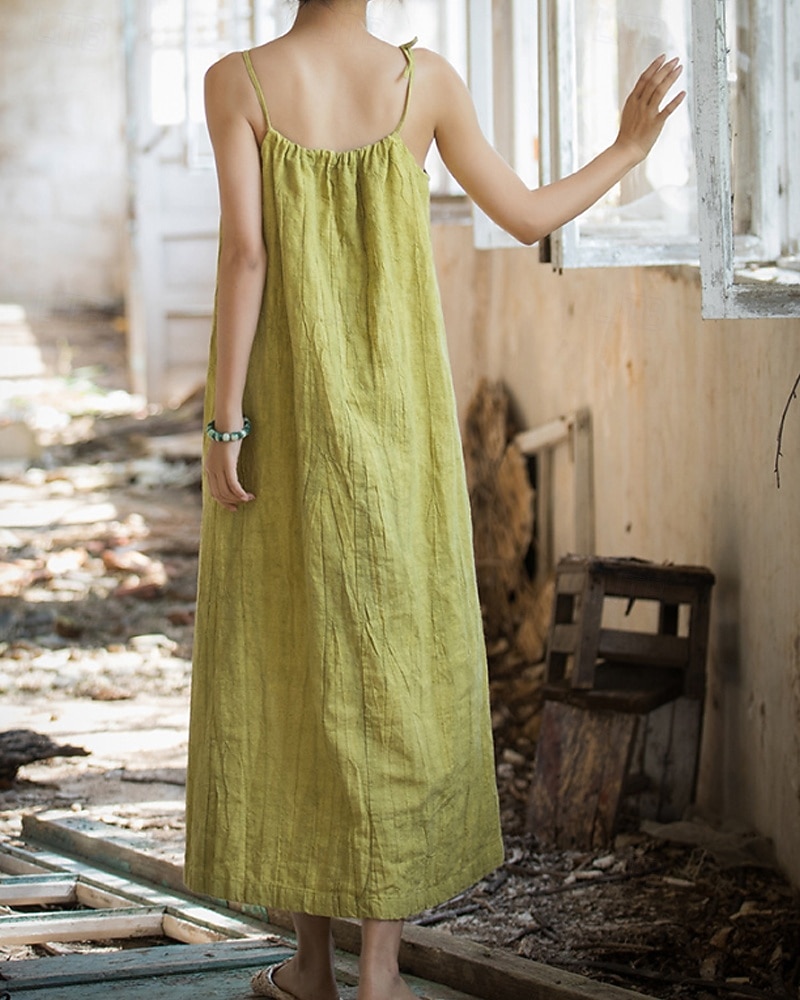 Women's Midi Dress Cotton Linen Dresses Shift Dress Sundress Slip Dress Vintage Fashion Daily Outdoor Vacation Loose Fit Plain Sleeveless Straps Blue Teal White Yellow Summer Spring 2026 - $49.99 –P16